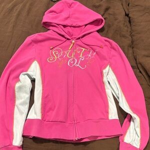 South Pole Pink and White Hooded Zip Sweater with Gold Accent
